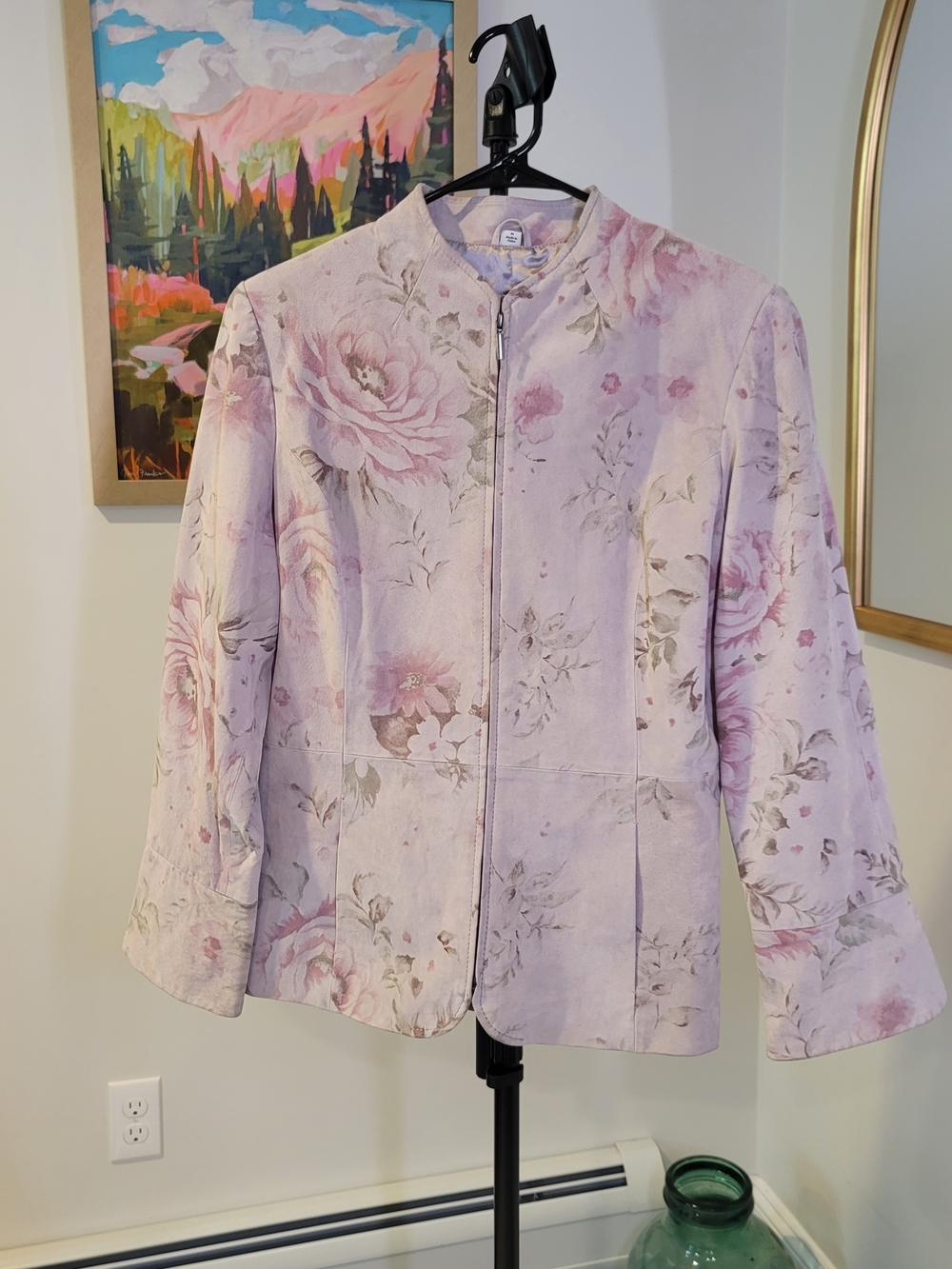 PAMELA MCCOY COLLECTIONS Genuine Leather Jacket Floral Print Collarless Size M